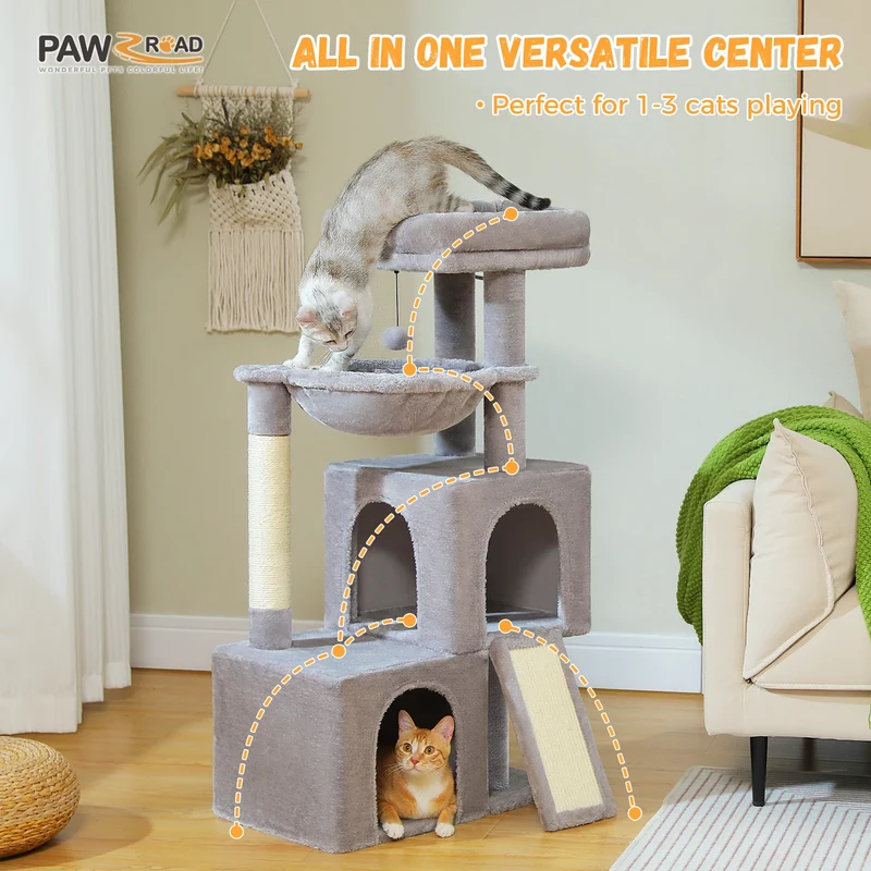 Albero Tiragraffi Professional per Gatti Indoor – Torre Multipiano con Doppia Cuccia, Amaca XL e Rampa Tiragraffi (7 Varianti)