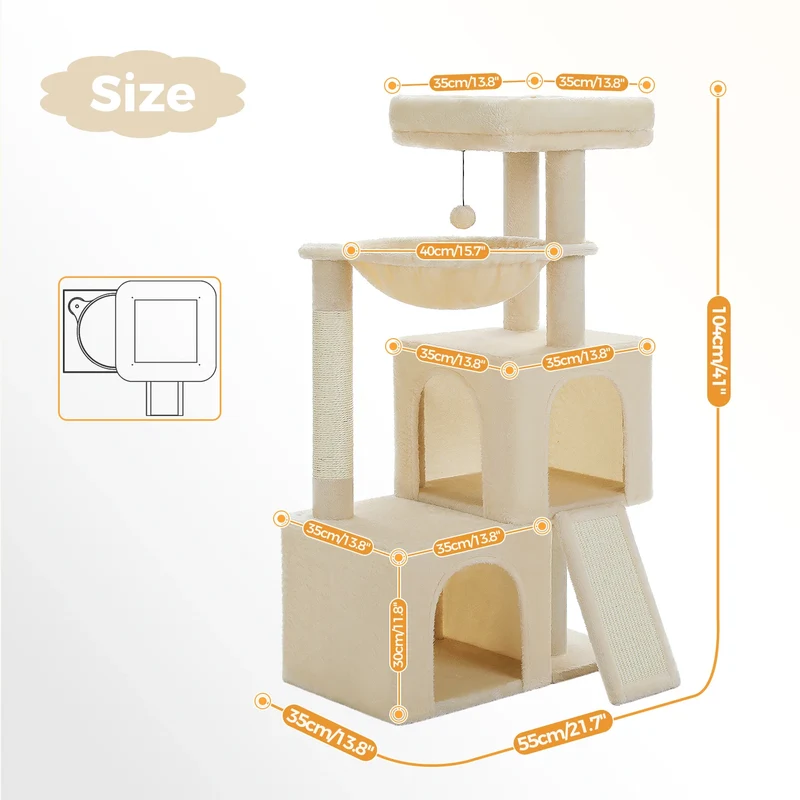 Albero Tiragraffi Professional per Gatti Indoor – Torre Multipiano con Doppia Cuccia, Amaca XL e Rampa Tiragraffi (7 Varianti)