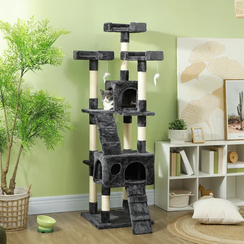Tiragraffi XL per Gatti - Albero Tiragraffi 173 cm con 2 Casette, Piattaforme Panoramiche e Giochi