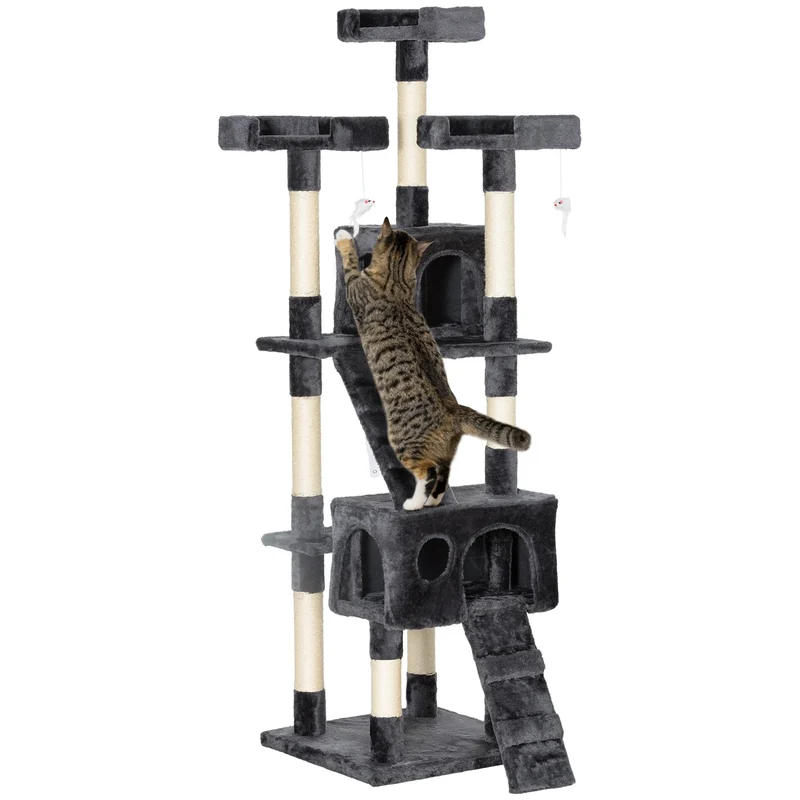 Tiragraffi XL per Gatti - Albero Tiragraffi 173 cm con 2 Casette, Piattaforme Panoramiche e Giochi