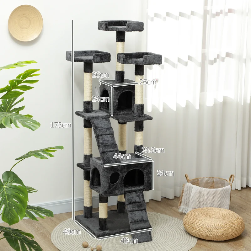 Tiragraffi XL per Gatti - Albero Tiragraffi 173 cm con 2 Casette, Piattaforme Panoramiche e Giochi