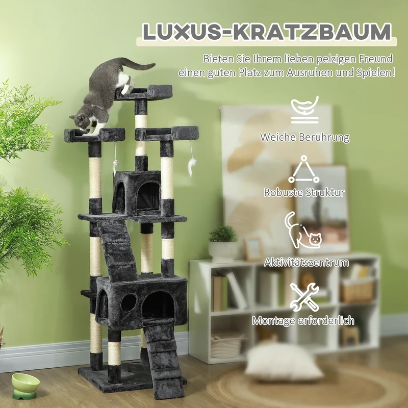 Tiragraffi XL per Gatti - Albero Tiragraffi 173 cm con 2 Casette, Piattaforme Panoramiche e Giochi