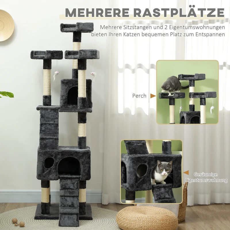 Tiragraffi XL per Gatti - Albero Tiragraffi 173 cm con 2 Casette, Piattaforme Panoramiche e Giochi
