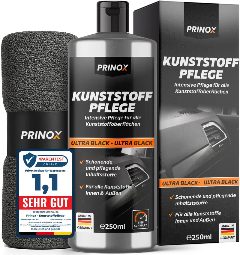 Kit rinnovante per plastiche auto [include panno in microfibra] - Cura delle plastiche per esterni e interni auto - Effetto nero intenso istantaneo ed eccellente protezione UV - Protezione contro lo sbiadimento - 250 ml