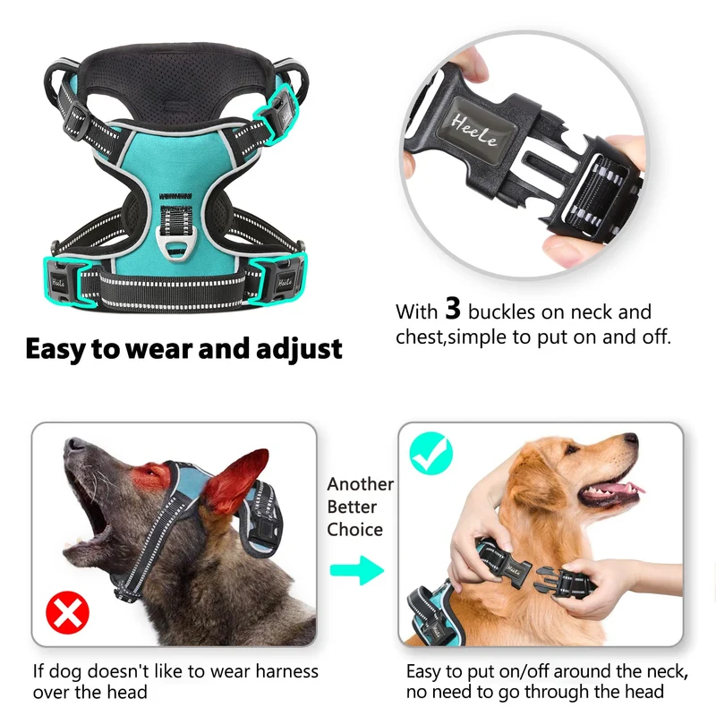 HEELE Pettorina Cane, Imbracatura Sganciata Rapido dal Collo, Pettorina Anti-tiro Riflettente e Regolabile con Maniglia Comoda, Morbida e Imbottita per Cani Piccola Media Grande, Turchese XL