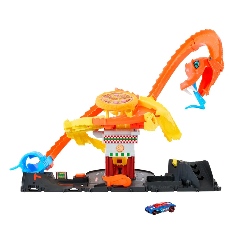 Hot Wheels 'Let's Race' Netflix - Attacco del Cobra in Pizzeria, playset con pista a spirale e funzione a scomparsa casuale con 3 percorsi, una macchinina in scala 1:64 inclusa, 3+ anni, HTN81