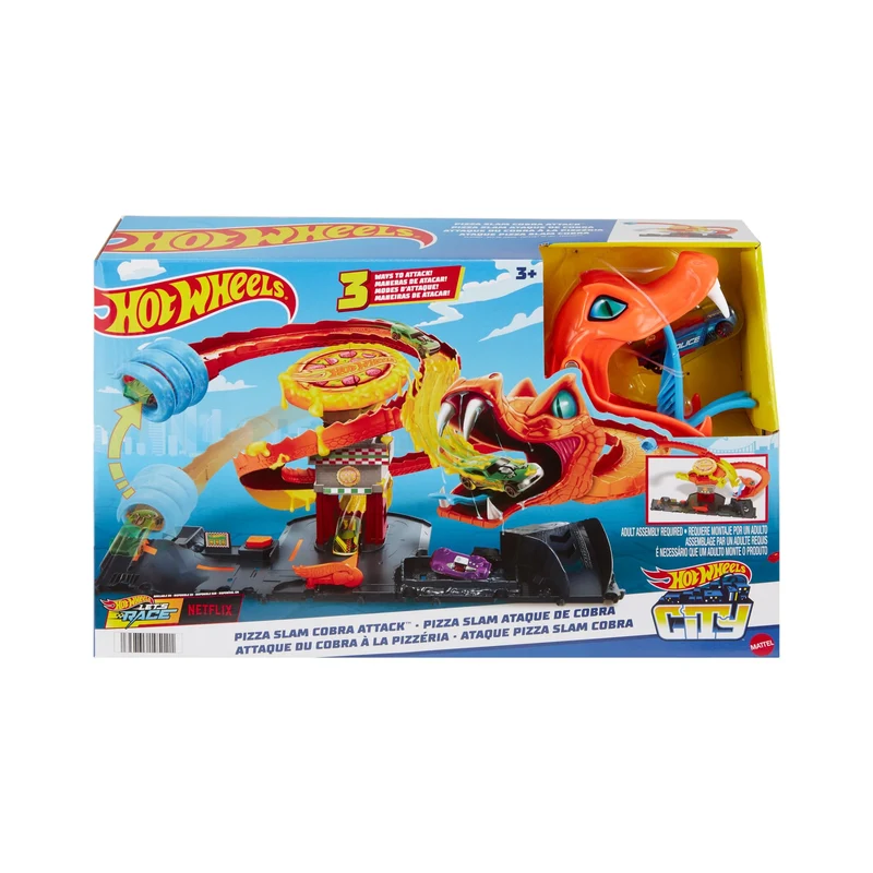 Hot Wheels 'Let's Race' Netflix - Attacco del Cobra in Pizzeria, playset con pista a spirale e funzione a scomparsa casuale con 3 percorsi, una macchinina in scala 1:64 inclusa, 3+ anni, HTN81