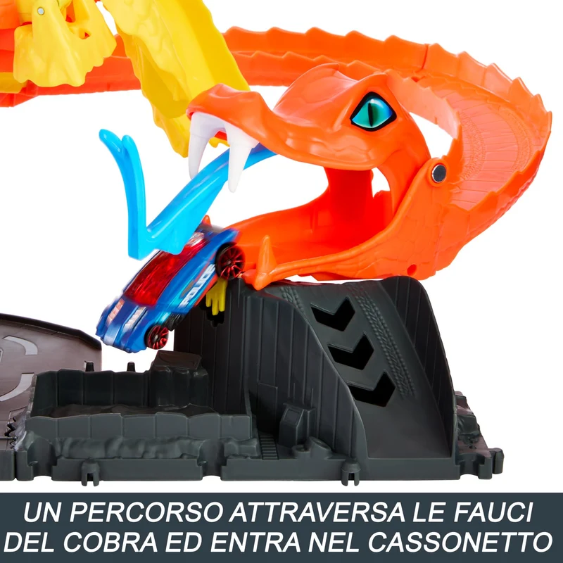 Hot Wheels 'Let's Race' Netflix - Attacco del Cobra in Pizzeria, playset con pista a spirale e funzione a scomparsa casuale con 3 percorsi, una macchinina in scala 1:64 inclusa, 3+ anni, HTN81