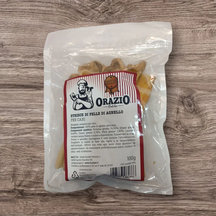 Strisce di Pelle di Agnello Essiccate per Cani - Masticativo Naturale Monoproteico 100 g