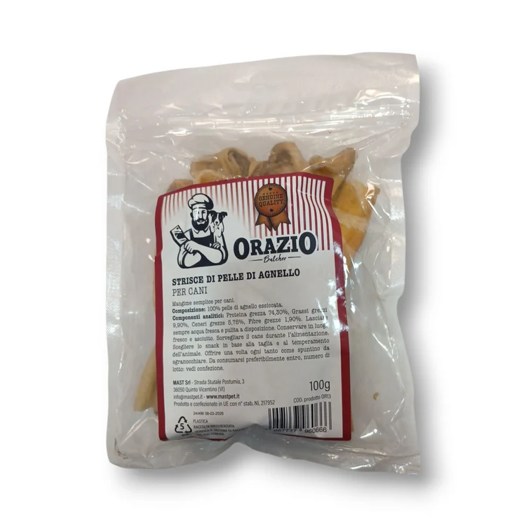 Strisce di Pelle di Agnello Essiccate per Cani - Masticativo Naturale Monoproteico 100 g