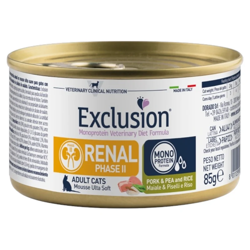 EXCLUSION Gatto Renal Fase 2 Maiale, Riso e Piselli 85gr