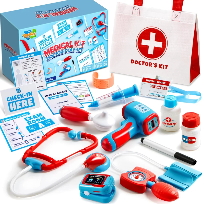 Play-Act Valigetta Dottore Bambinim,Kit Dottore Giocattolo per Bambini Kit Medico Giocattolo con Stetoscopio, Ki t Dottor e Bambino,Gioco di Ruolo Gioco Educativo Regalo Bambini di 3, 4, 5, 6, 7