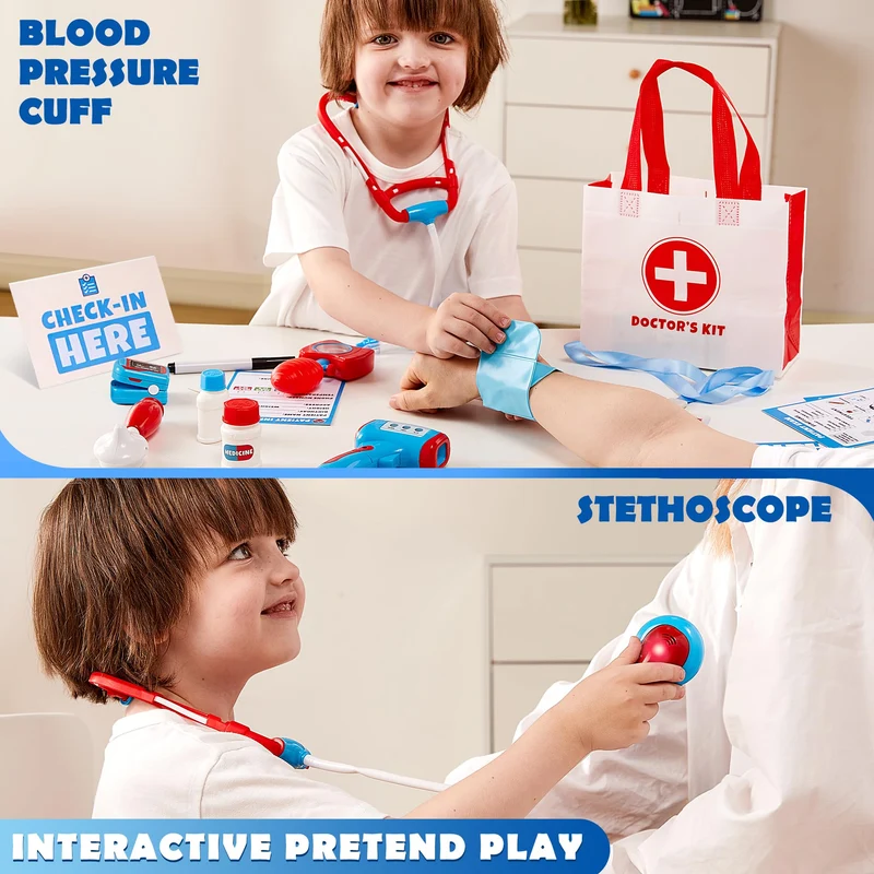 Play-Act Valigetta Dottore Bambinim,Kit Dottore Giocattolo per Bambini Kit Medico Giocattolo con Stetoscopio, Ki t Dottor e Bambino,Gioco di Ruolo Gioco Educativo Regalo Bambini di 3, 4, 5, 6, 7