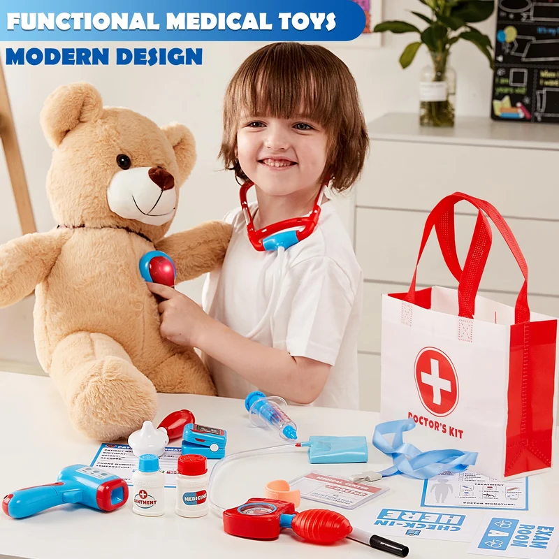 Play-Act Valigetta Dottore Bambinim,Kit Dottore Giocattolo per Bambini Kit Medico Giocattolo con Stetoscopio, Ki t Dottor e Bambino,Gioco di Ruolo Gioco Educativo Regalo Bambini di 3, 4, 5, 6, 7