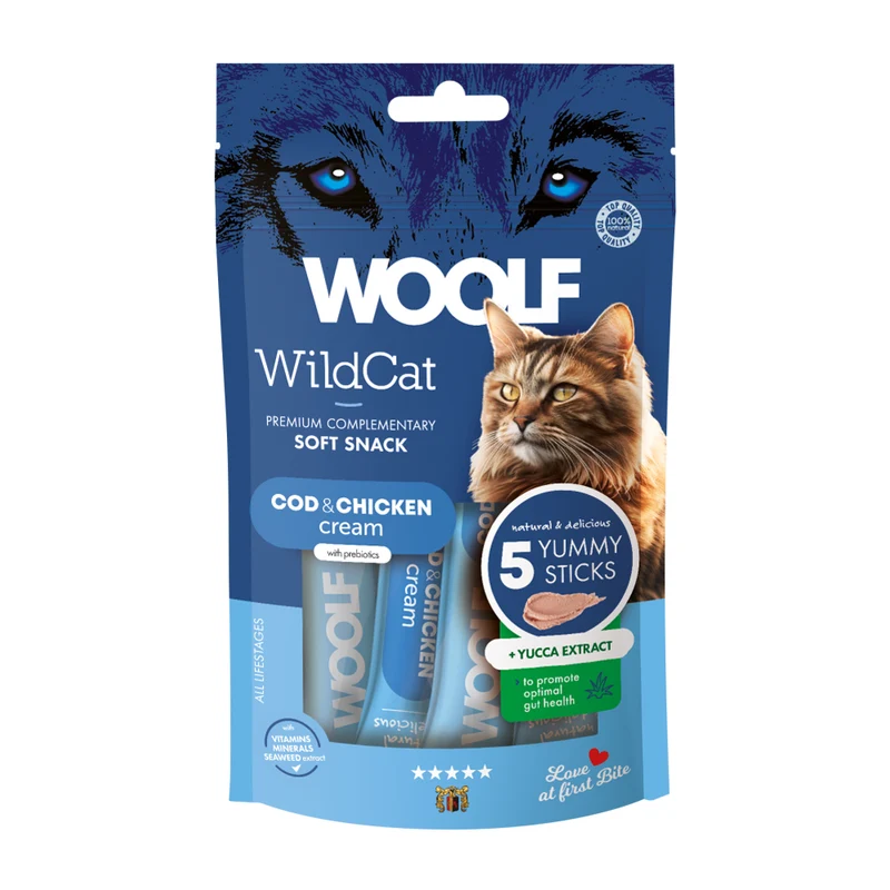 WOOLF WILDCAT Snack Liquido per Gatti - Merluzzo e Pollo + estratto di Yucca Conf. da 5 pz.