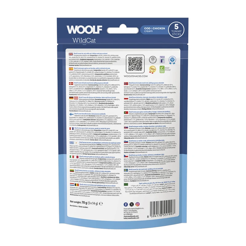 WOOLF WILDCAT Snack Liquido per Gatti - Merluzzo e Pollo + estratto di Yucca Conf. da 5 pz.