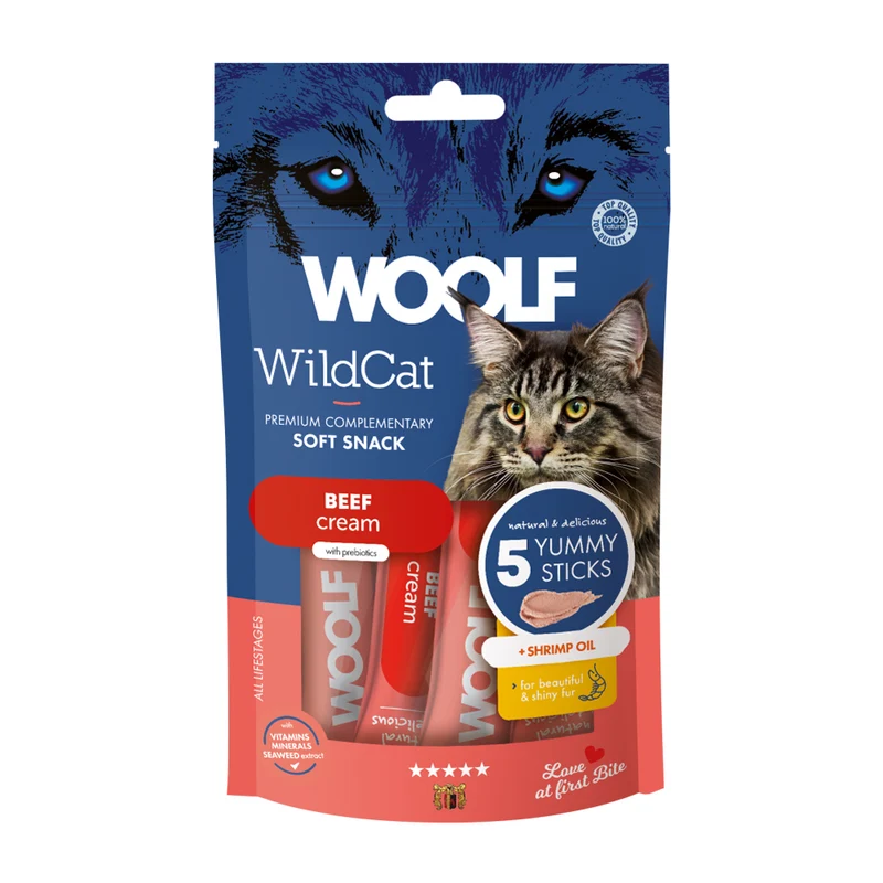WOOLF WILDCAT Snack Liquido per Gatti - Manzo + Olio di Gamberi Conf. da 5 pz.