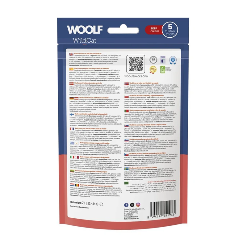 WOOLF WILDCAT Snack Liquido per Gatti - Manzo + Olio di Gamberi Conf. da 5 pz.