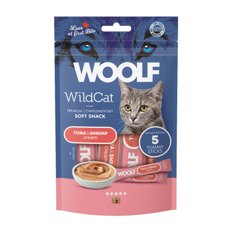 WOOLF WILDCAT Snack Liquido per Gatti - Tonno e Gamberi Conf. da 5 pz.