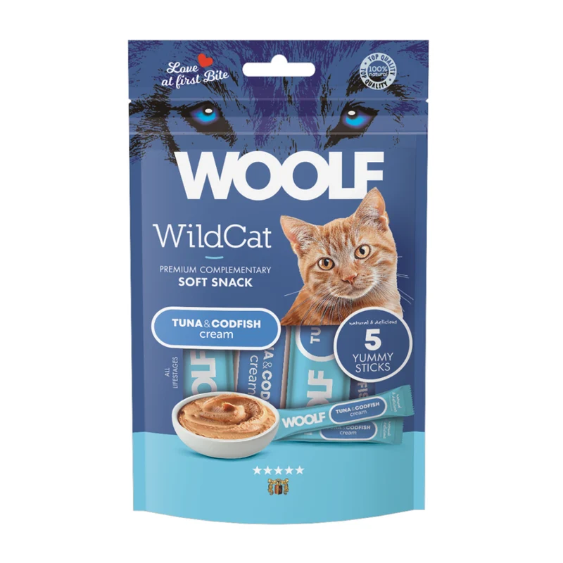WOOLF WILDCAT Snack Liquido per Gatti - Tonno e Merluzzo Conf. da 5 pz.