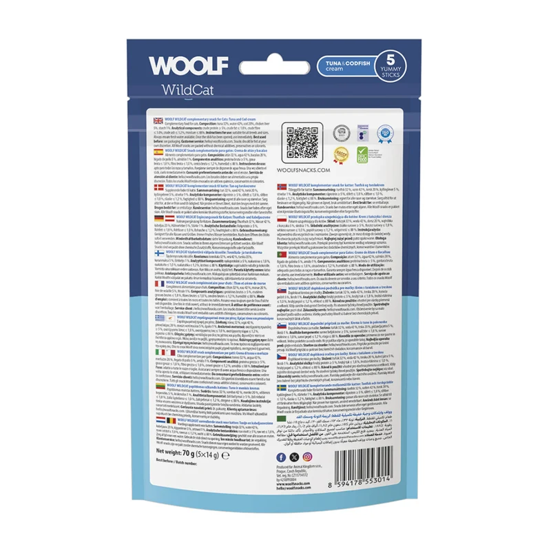 WOOLF WILDCAT Snack Liquido per Gatti - Tonno e Merluzzo Conf. da 5 pz.