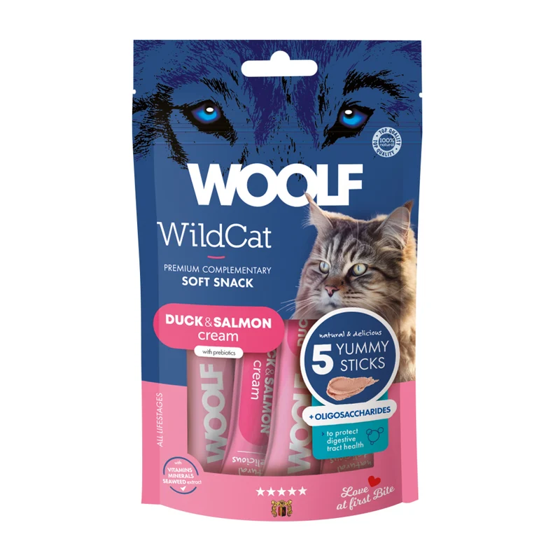 WOOLF WILDCAT Snack Liquido per Gatti - Anatra e Salmone + Oligosaccaridi Conf. da 5 pz.