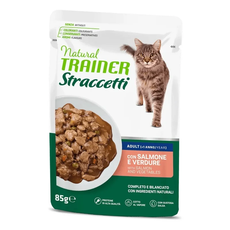 Trainer Gatto Adulto Straccetti con Salmone e Verdure Bustine Alimento Umido 85g
