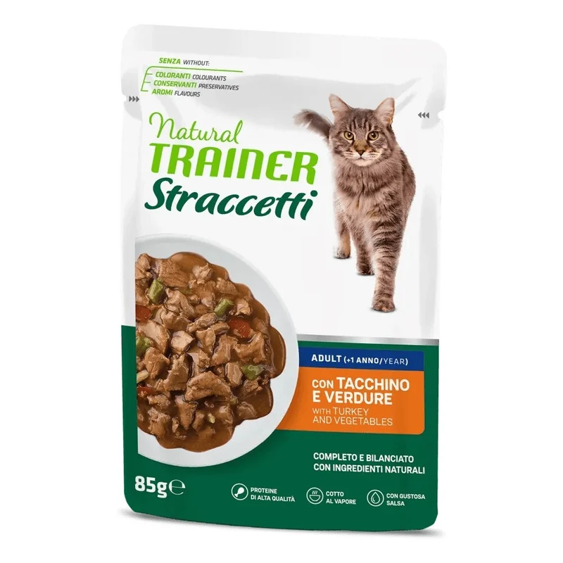 Trainer Gatto Adulto Straccetti Tacchino e Verdure Bustine Alimento Umido 85g