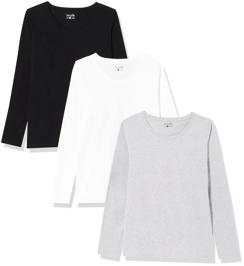Berydale Maglietta a maniche lunghe con scollo rotondo in 100% cotone, Donna, Nero/bianco/grigio (confezione da 3), M