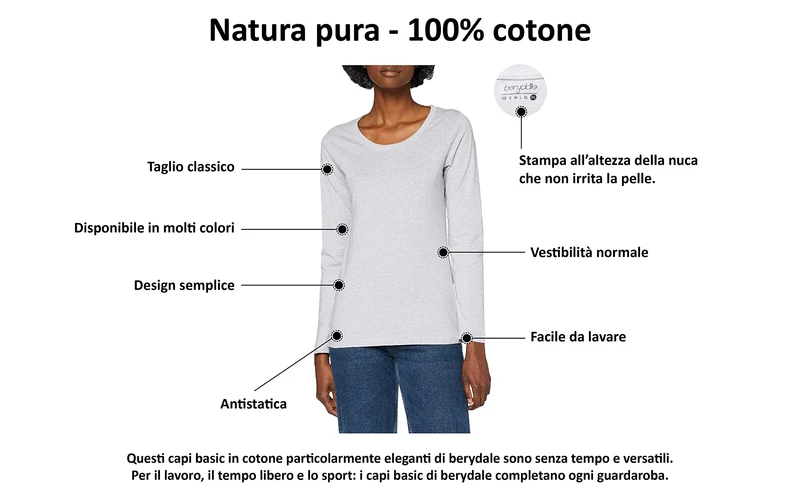 Berydale Maglietta a maniche lunghe con scollo rotondo in 100% cotone, Donna, Nero/bianco/grigio (confezione da 3), M