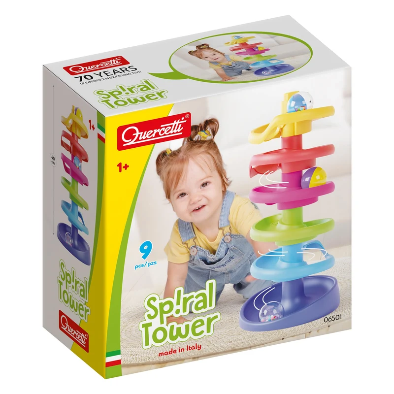 Quercetti Spiral Tower Pista Biglie per Bambini, Giochi Bambini 1 Anno 100% Made in Italy, Gioco Educativo con 5 Spirali, 3 Biglie Grandi con Sonagli, Regalo Bimbo 1 Anno Sicuro e Divertente
