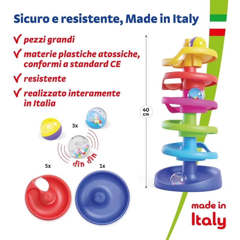 Quercetti Spiral Tower Pista Biglie per Bambini, Giochi Bambini 1 Anno 100% Made in Italy, Gioco Educativo con 5 Spirali, 3 Biglie Grandi con Sonagli, Regalo Bimbo 1 Anno Sicuro e Divertente