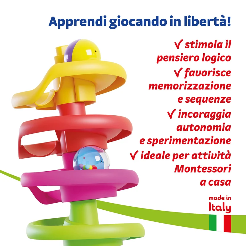 Quercetti Spiral Tower Pista Biglie per Bambini, Giochi Bambini 1 Anno 100% Made in Italy, Gioco Educativo con 5 Spirali, 3 Biglie Grandi con Sonagli, Regalo Bimbo 1 Anno Sicuro e Divertente