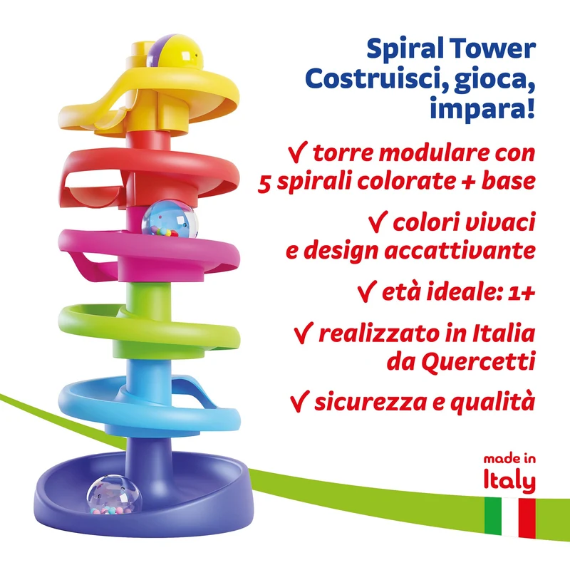 Quercetti Spiral Tower Pista Biglie per Bambini, Giochi Bambini 1 Anno 100% Made in Italy, Gioco Educativo con 5 Spirali, 3 Biglie Grandi con Sonagli, Regalo Bimbo 1 Anno Sicuro e Divertente
