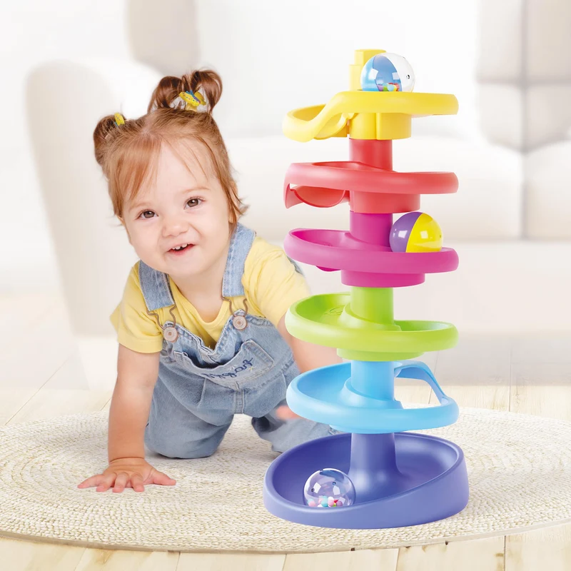 Quercetti Spiral Tower Pista Biglie per Bambini, Giochi Bambini 1 Anno 100% Made in Italy, Gioco Educativo con 5 Spirali, 3 Biglie Grandi con Sonagli, Regalo Bimbo 1 Anno Sicuro e Divertente
