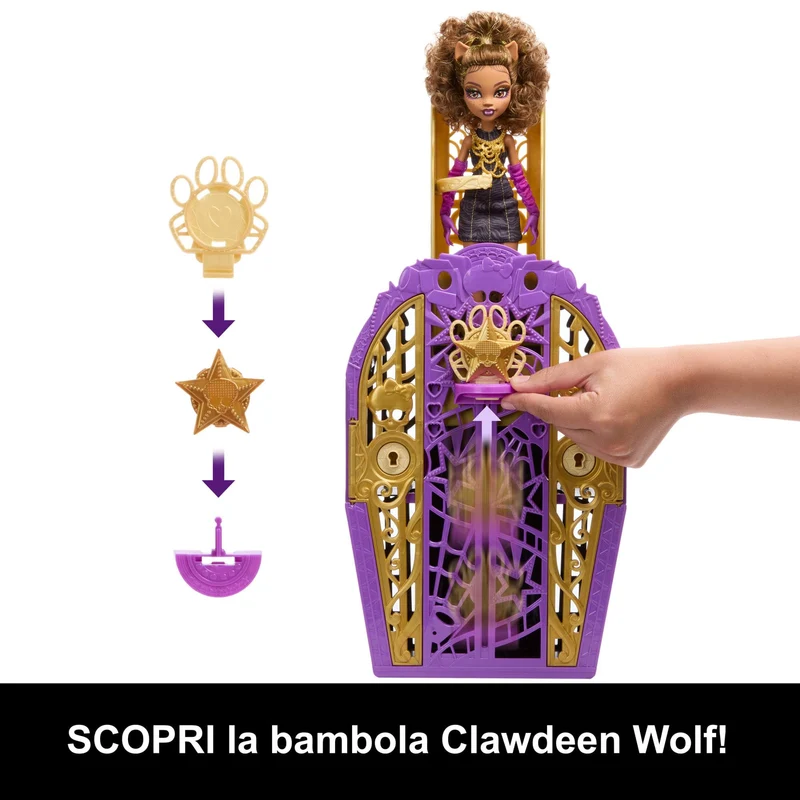 Monster High Segreti da Brivido - Clawdeen Wolf I Misteri di Hauntlywood, bambola con abiti, guardaroba e 19 accessori glamour a sorpresa inclusi, giocattolo per bambini, 4+ anni, JBG80