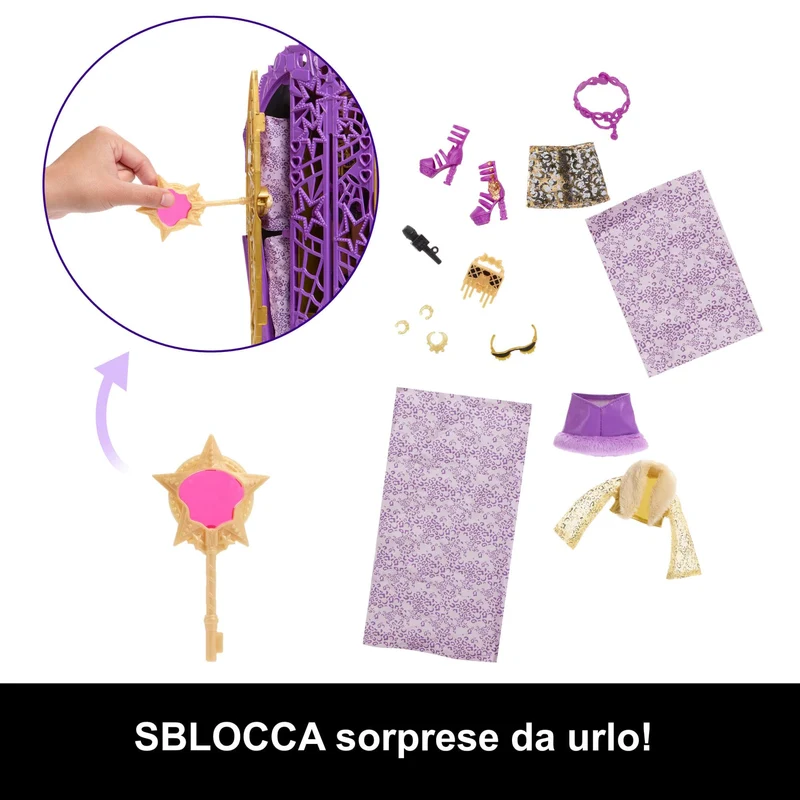 Monster High Segreti da Brivido - Clawdeen Wolf I Misteri di Hauntlywood, bambola con abiti, guardaroba e 19 accessori glamour a sorpresa inclusi, giocattolo per bambini, 4+ anni, JBG80