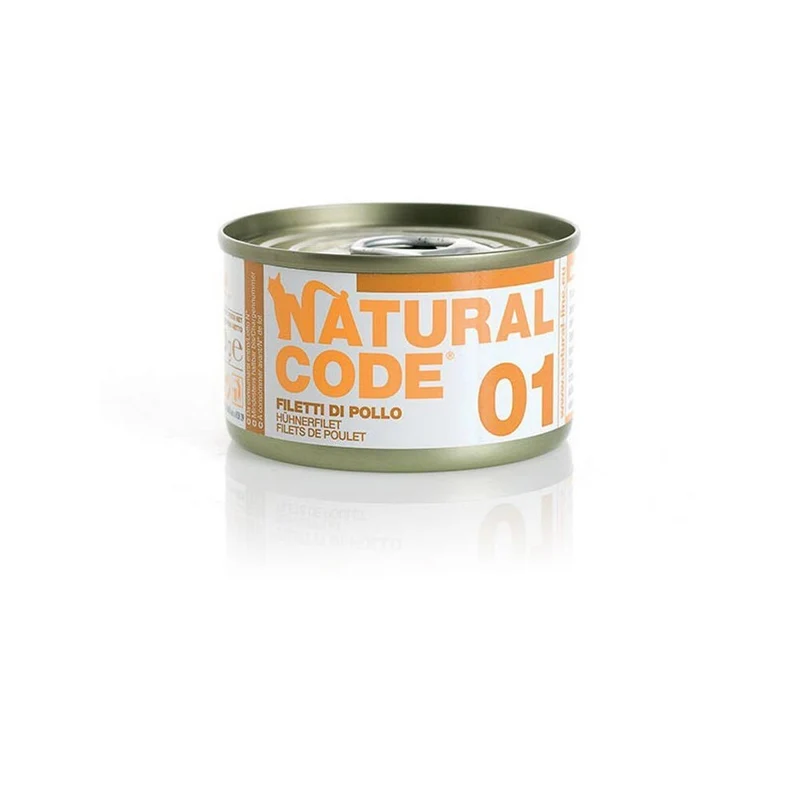 Natural Code Gatto 01 Filetti di Pollo al Naturale 85g Alimento Umido Scatoletta