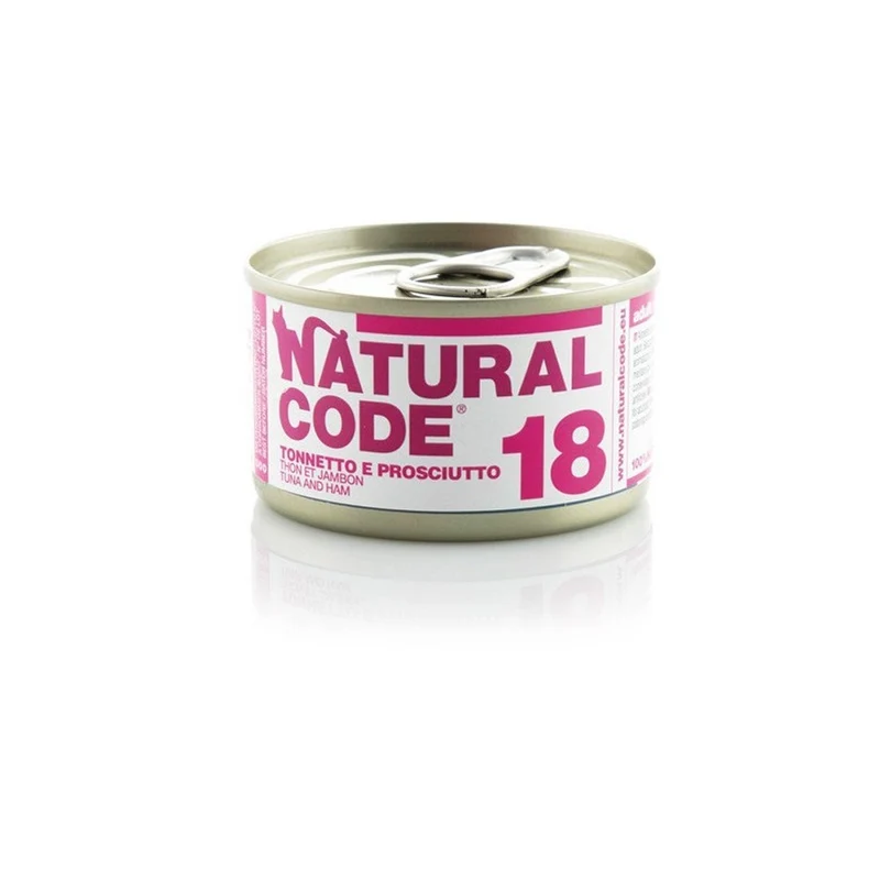 Natural Code Gatto 18 Tonno e Prosciutto al Naturale 85g Alimento Umido Lattina