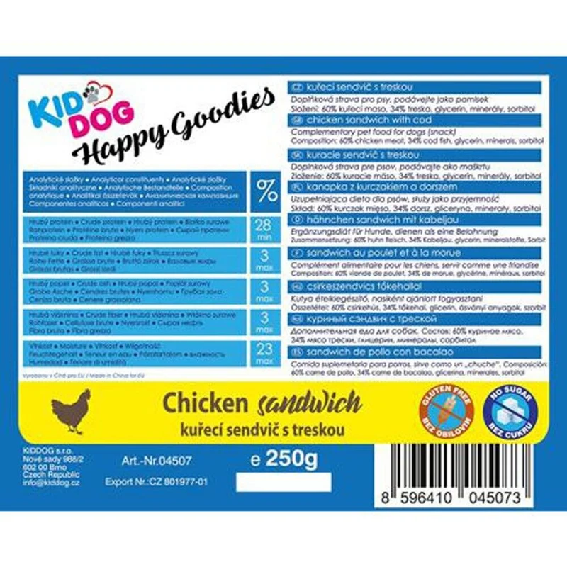 Kid Dog Sandwich con Pollo e Merluzzo Snack per Cani Sticks Morbidi 250 g