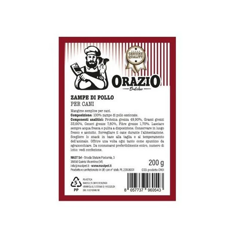 Orazio Zampe di Pollo al Naturale per Cani Snack Naturali Essiccati Busta 200 g