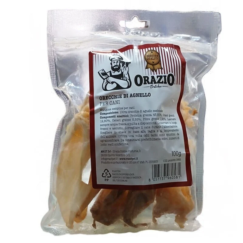 Orazio Orecchie di Agnello al Naturale Essiccate per Cani Snack Naturale 100 g