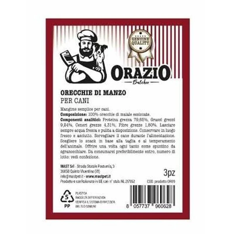 Orazio Orecchi di Manzo Essiccate per Cani Snack per Cani Naturale Conf. da 3 pz