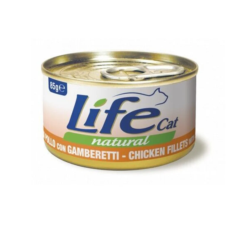 Life Cat Natural Filetti di Pollo con Gamberetti 85g - Cibo Umido per Gatti