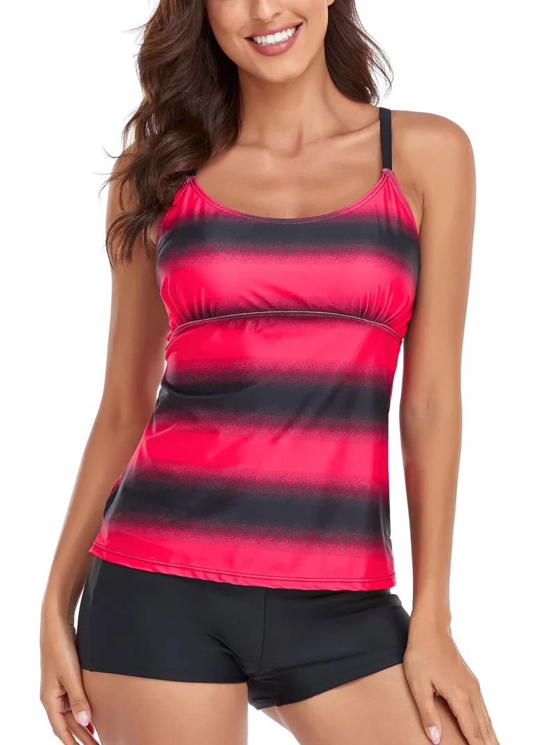 Sixyotie Donna Costumi da Bagno di Due Pezzi Strisce Colore Sfumato Due Pezzi Tankini Moda Boyshort (Rosso,L)