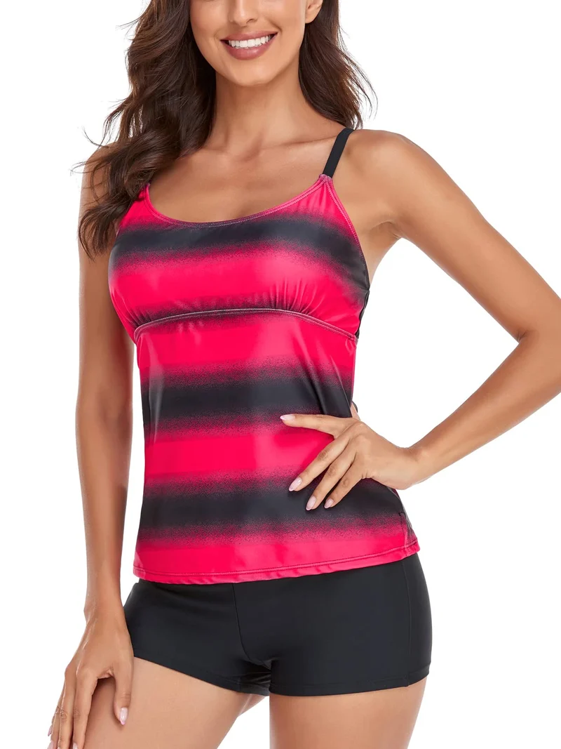 Sixyotie Donna Costumi da Bagno di Due Pezzi Strisce Colore Sfumato Due Pezzi Tankini Moda Boyshort (Rosso,L)