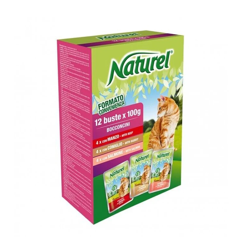 Naturel Gatto Multipack Bocconcini con Manzo Coniglio Salmone 12 Buste da 100g
