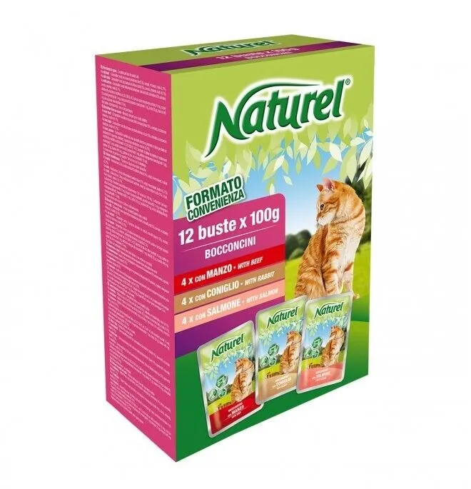 Naturel Gatto Multipack Bocconcini con Manzo Coniglio Salmone 12 Buste da 100g