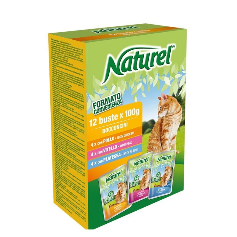 Naturel Gatto Multipack Bocconcini con Pollo Vitello Platessa 12 Buste da 100g