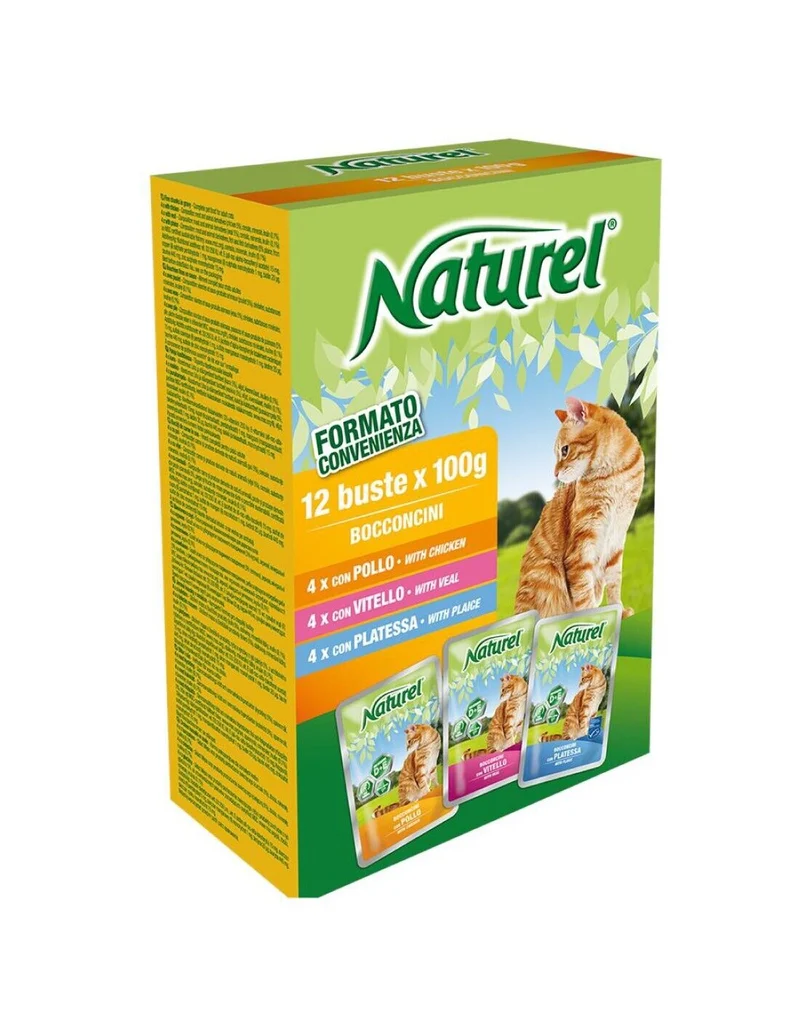 Naturel Gatto Multipack Bocconcini con Pollo Vitello Platessa 12 Buste da 100g